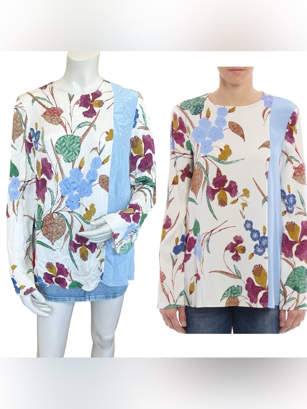 Diane Von Furstenberg floral-print cream blue side-slit crepe silk blouse Sz 10